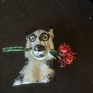 Decorative Dog Brooch with Red Rose - Black & White